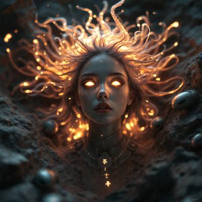 The primary subject of the image is a woman with long hair and a glowing head. She is wearing a necklace and has a cross on her forehead. The setting is a rocky environment, with the woman sitting on a rock. The visual style is a digital art illustration, creating a surreal and otherworldly atmosphere. The colors are predominantly dark, with the woman's glowing head being the main source of light in the scene.